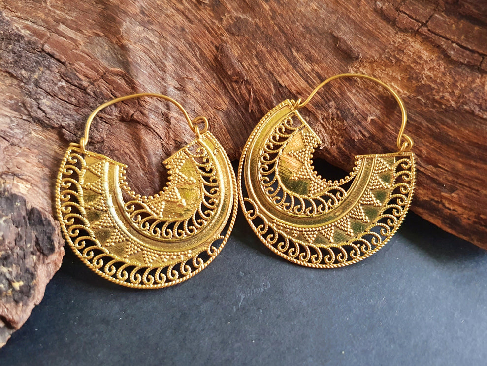 Ethnic Brass Earrings;, Geometric, rustic, yoga, hippie, gypsy, pretty, psy, boho, bohemian, festival