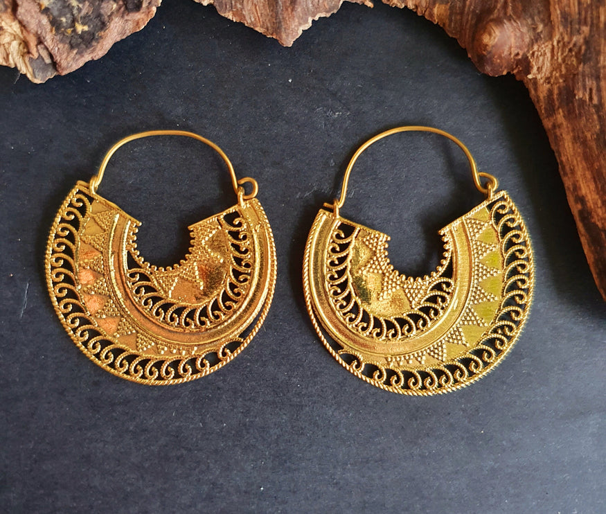 Ethnic Brass Earrings;, Geometric, rustic, yoga, hippie, gypsy, pretty, psy, boho, bohemian, festival