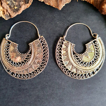 Silver Ethnic Earrings;, Geometric, rustic, yoga, hippie, gypsy, pretty, psy, boho, bohemian, festival