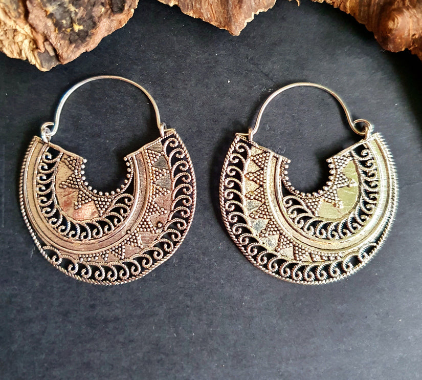 Silver Ethnic Earrings;, Geometric, rustic, yoga, hippie, gypsy, pretty, psy, boho, bohemian, festival