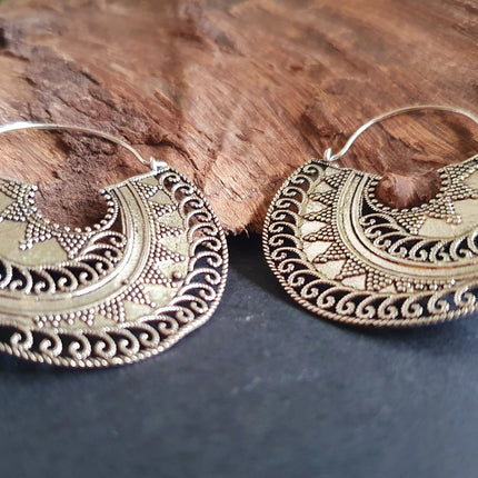 Silver Ethnic Earrings;, Geometric, rustic, yoga, hippie, gypsy, pretty, psy, boho, bohemian, festival