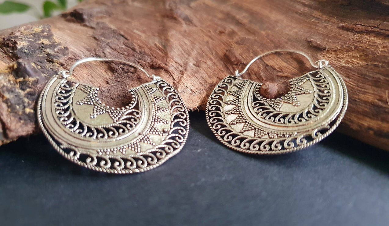 Silver Ethnic Earrings;, Geometric, rustic, yoga, hippie, gypsy, pretty, psy, boho, bohemian, festival