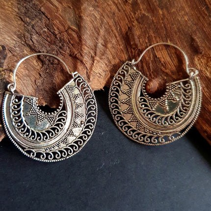 Silver Ethnic Earrings;, Geometric, rustic, yoga, hippie, gypsy, pretty, psy, boho, bohemian, festival