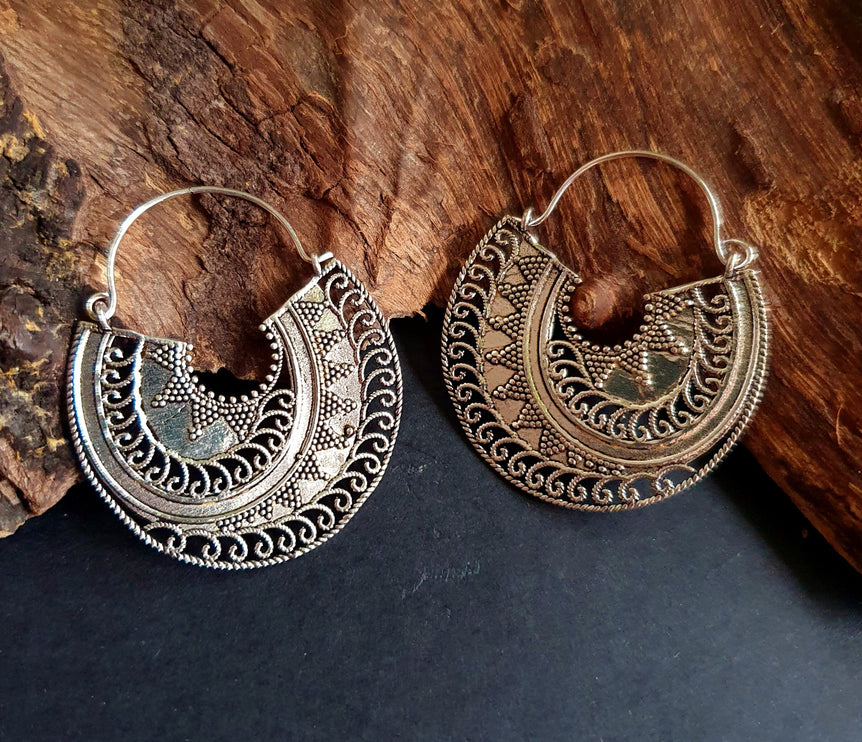 Silver Ethnic Earrings;, Geometric, rustic, yoga, hippie, gypsy, pretty, psy, boho, bohemian, festival