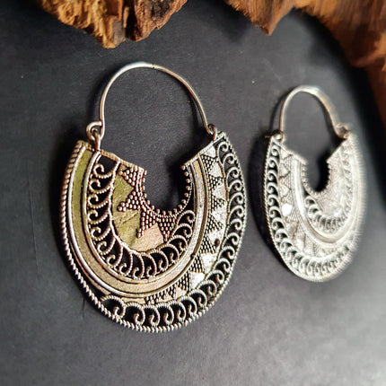 Silver Ethnic Earrings;, Geometric, rustic, yoga, hippie, gypsy, pretty, psy, boho, bohemian, festival