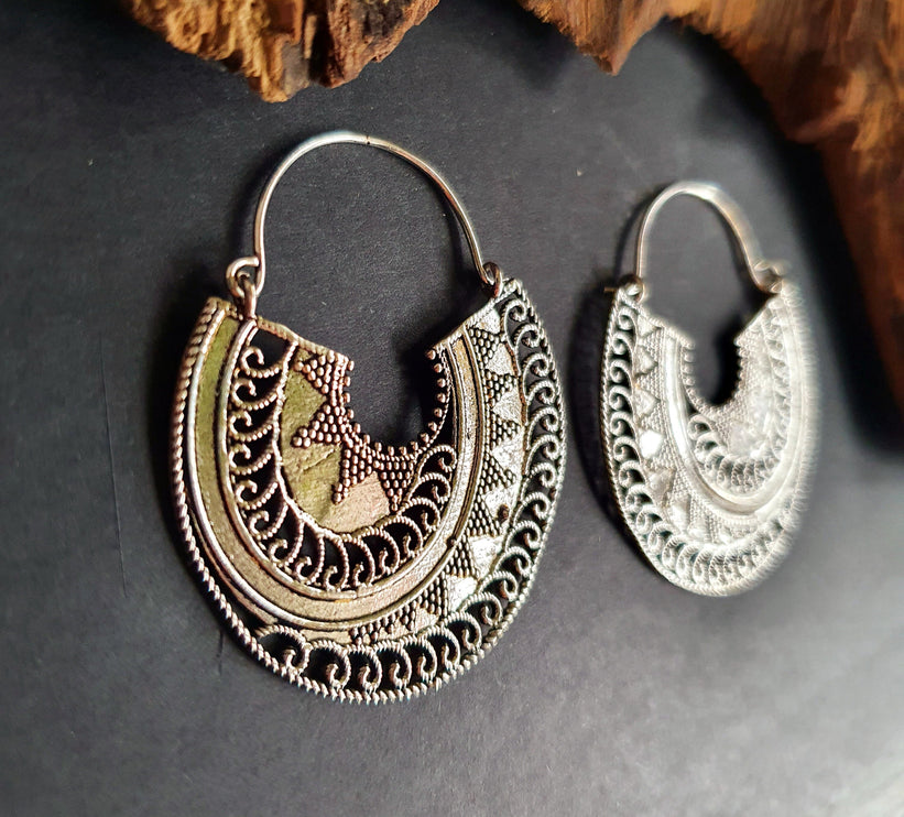 Silver Ethnic Earrings;, Geometric, rustic, yoga, hippie, gypsy, pretty, psy, boho, bohemian, festival