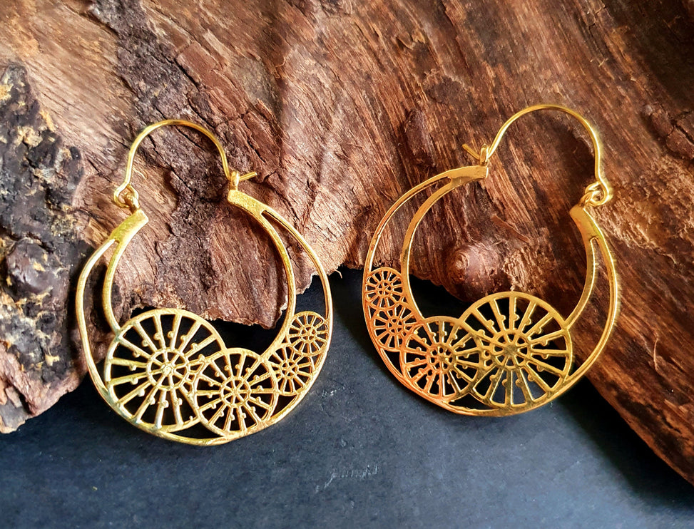 Steampunk Brass Earrings;, Geometric, ethnic, rustic, yoga, hippie, gypsy, pretty, psy, boho, bohemian, festival