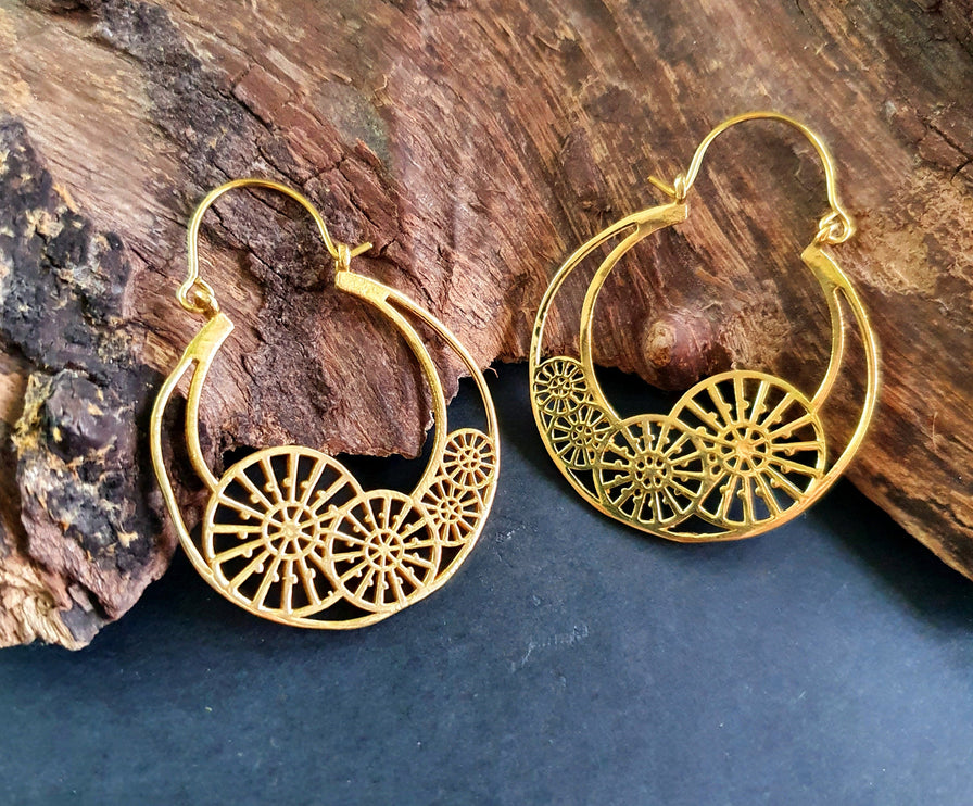 Steampunk Brass Earrings;, Geometric, ethnic, rustic, yoga, hippie, gypsy, pretty, psy, boho, bohemian, festival