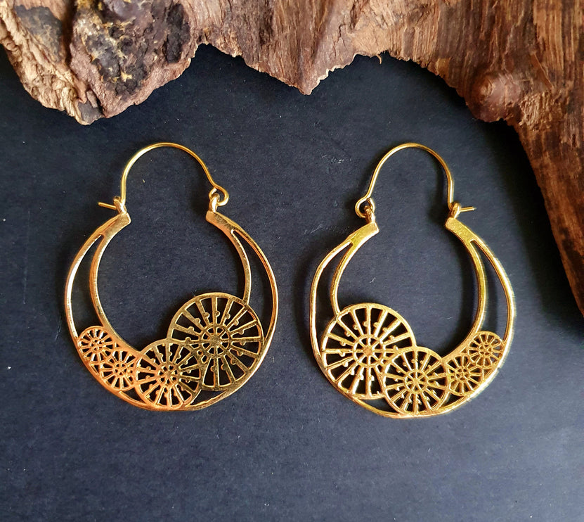 Steampunk Brass Earrings;, Geometric, ethnic, rustic, yoga, hippie, gypsy, pretty, psy, boho, bohemian, festival