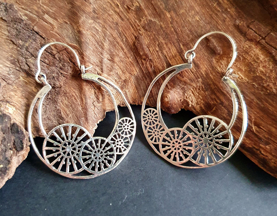 Steampunk Silver Earrings;, Geometric, rustic, yoga, hippie, gypsy, pretty, psy, boho, bohemian, festival