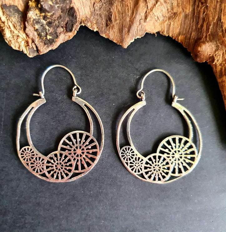 Steampunk Silver Earrings;, Geometric, rustic, yoga, hippie, gypsy, pretty, psy, boho, bohemian, festival