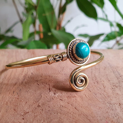 Jonc Turquoise / Laiton / Spirale / Bracelet / Ethnique / Bohème / Réglable / Boho