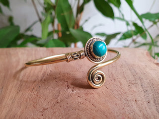 Gold Bracelet & Turquoise / Brass / Adjustable / Spiral / Ethnic / Rustic / Bohemian / Boho /