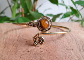 Gold Bracelet & Tiger Eye / Brass / Adjustable / Spiral / Ethnic / Rustic / Bohemian / Boho /
