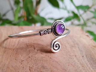 Silver Bracelet & Amethyst / Brass / Adjustable / Spiral / Ethnic / Rustic / Bohemian / Boho /