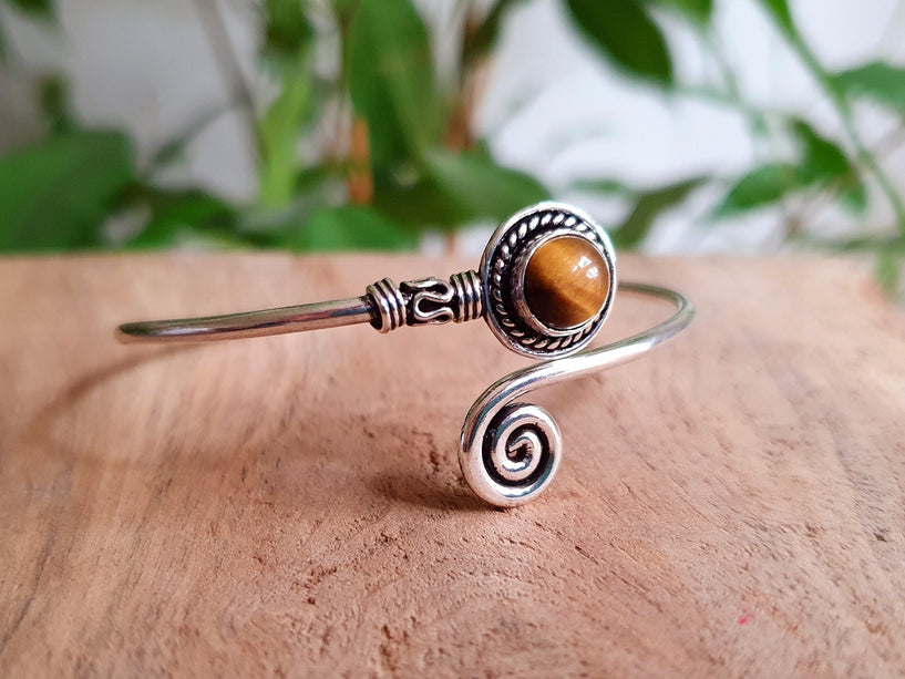 Silver Bracelet & Tiger Eye / Brass / Adjustable / Spiral / Ethnic / Rustic / Bohemian / Boho /
