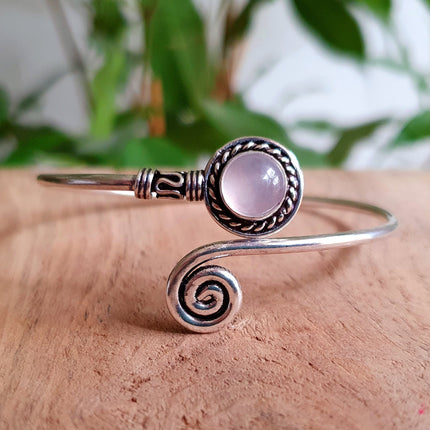 Silver Bracelet & Rose Quartz / Bangle / Adjustable / Spiral / Ethnic / Rustic / Bohemian / Boho / 
