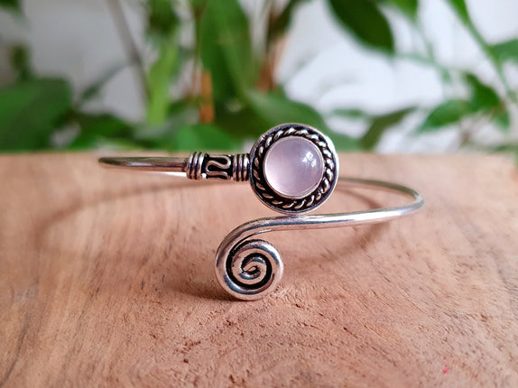 Silver Bracelet & Rose Quartz / Bangle / Adjustable / Spiral / Ethnic / Rustic / Bohemian / Boho / 