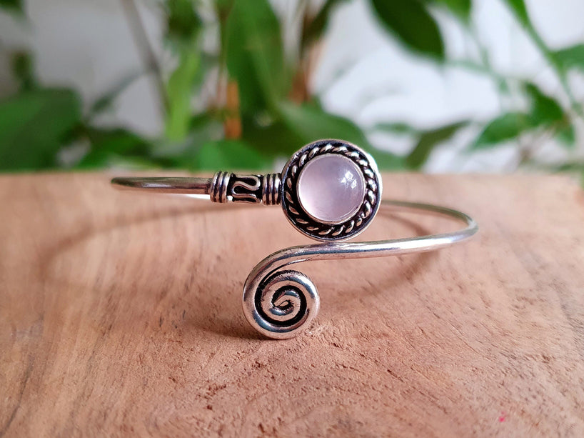 Silver Bracelet & Rose Quartz / Bangle / Adjustable / Spiral / Ethnic / Rustic / Bohemian / Boho / 