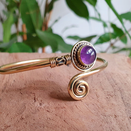 Gold Bracelet & Amethyst / Brass / Adjustable / Spiral / Ethnic / Rustic / Bohemian / Boho /