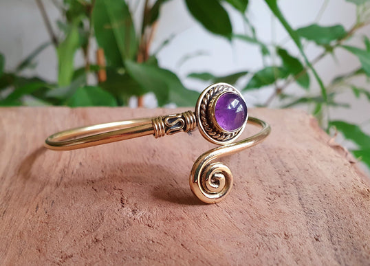 Gold Bracelet & Amethyst / Brass / Adjustable / Spiral / Ethnic / Rustic / Bohemian / Boho /