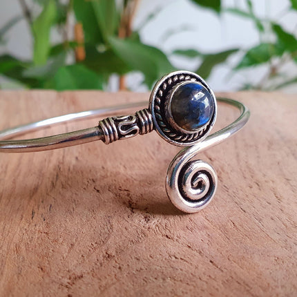 Silver Bracelet & Blue Moonstone / Brass / Adjustable / Spiral / Ethnic / Rustic / Bohemian / Boho /