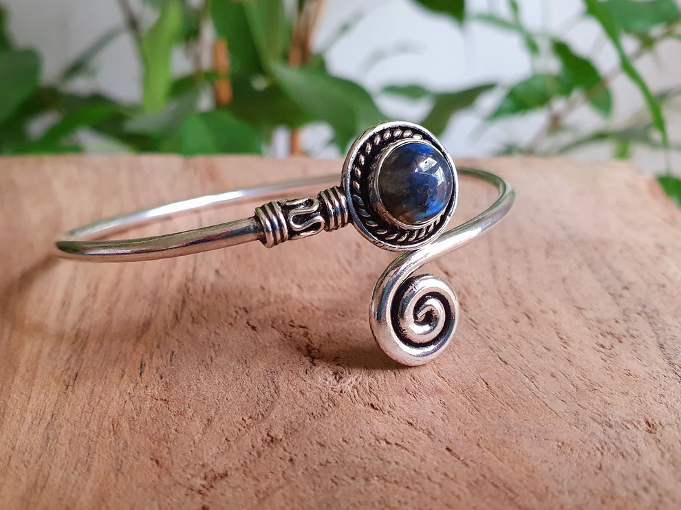 Silver Bracelet & Blue Moonstone / Brass / Adjustable / Spiral / Ethnic / Rustic / Bohemian / Boho /