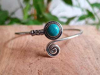 Silver Bracelet & Turquoise / Brass / Adjustable / Spiral / Ethnic / Rustic / Bohemian / Boho /