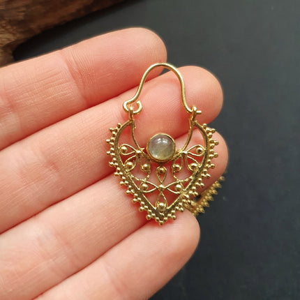 Small Boho Earrings Labradorite Brass Earrings / Triangle / Mandala / Ethnic / Rustic / Yoga / Hippie / Gypsy / Psy / Bohemian / Festival