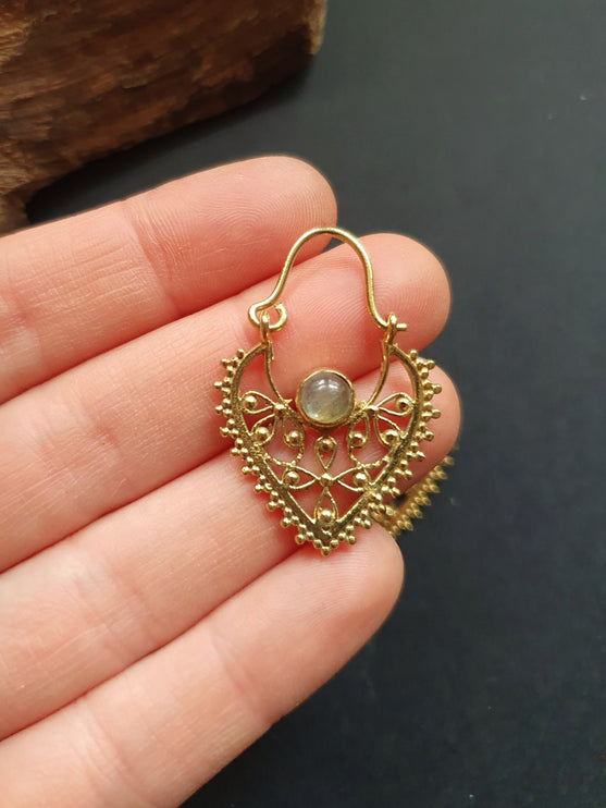 Small Boho Earrings Labradorite Brass Earrings / Triangle / Mandala / Ethnic / Rustic / Yoga / Hippie / Gypsy / Psy / Bohemian / Festival