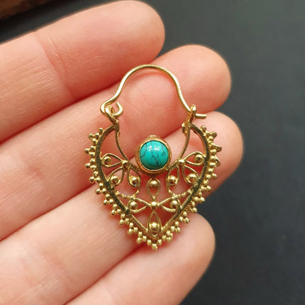 Small Boho Earrings Turquoise Brass Earrings / Triangle / Mandala / Ethnic / Rustic / Yoga / Hippie / Gypsy / Psy / Bohemian / Festival