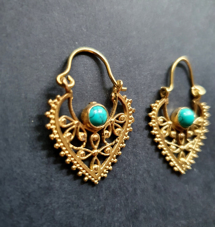 Small Boho Earrings Turquoise Brass Earrings / Triangle / Mandala / Ethnic / Rustic / Yoga / Hippie / Gypsy / Psy / Bohemian / Festival