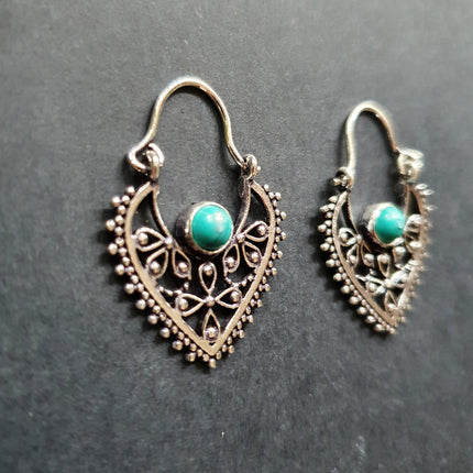Small Boho Silver Earrings Turquoise / Triangle / Mandala / Ethnic / Rustic / Yoga / Hippie / Gypsy / Psy / Bohemian / Festival