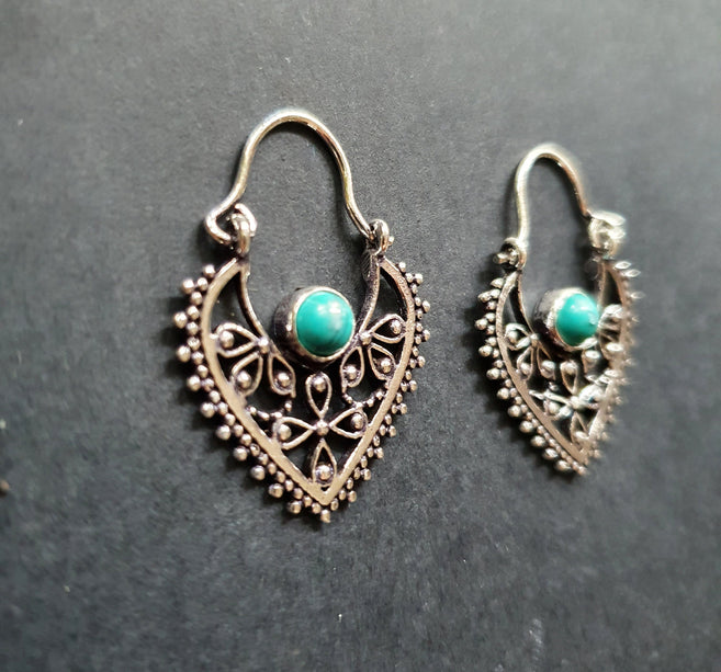 Small Boho Silver Earrings Turquoise / Triangle / Mandala / Ethnic / Rustic / Yoga / Hippie / Gypsy / Psy / Bohemian / Festival