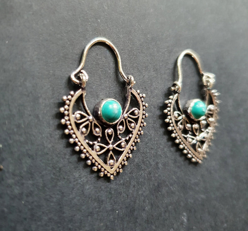 Small Boho Silver Earrings Turquoise / Triangle / Mandala / Ethnic / Rustic / Yoga / Hippie / Gypsy / Psy / Bohemian / Festival