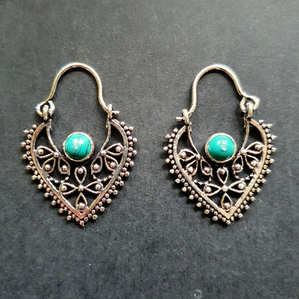 Small Boho Silver Earrings Turquoise / Triangle / Mandala / Ethnic / Rustic / Yoga / Hippie / Gypsy / Psy / Bohemian / Festival