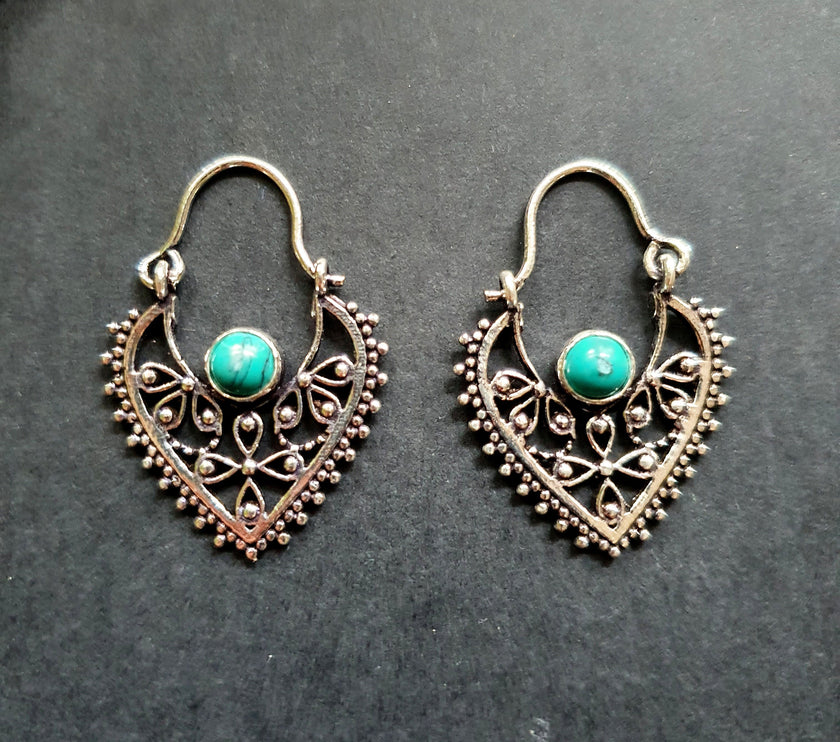 Small Boho Silver Earrings Turquoise / Triangle / Mandala / Ethnic / Rustic / Yoga / Hippie / Gypsy / Psy / Bohemian / Festival