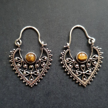 Small Boho Silver Earrings Tiger Eye / Mandala / Ethnic / Rustic / Yoga / Hippie / Gypsy / Psy / Bohemian / Festival