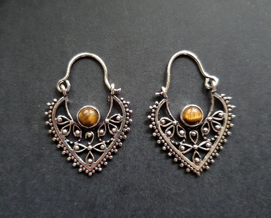 Small Boho Silver Earrings Tiger Eye / Mandala / Ethnic / Rustic / Yoga / Hippie / Gypsy / Psy / Bohemian / Festival