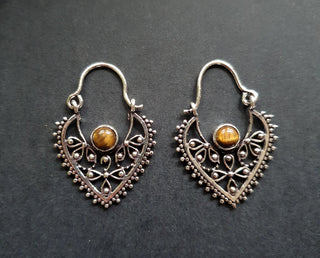 Small Boho Silver Earrings Tiger Eye / Mandala / Ethnic / Rustic / Yoga / Hippie / Gypsy / Psy / Bohemian / Festival