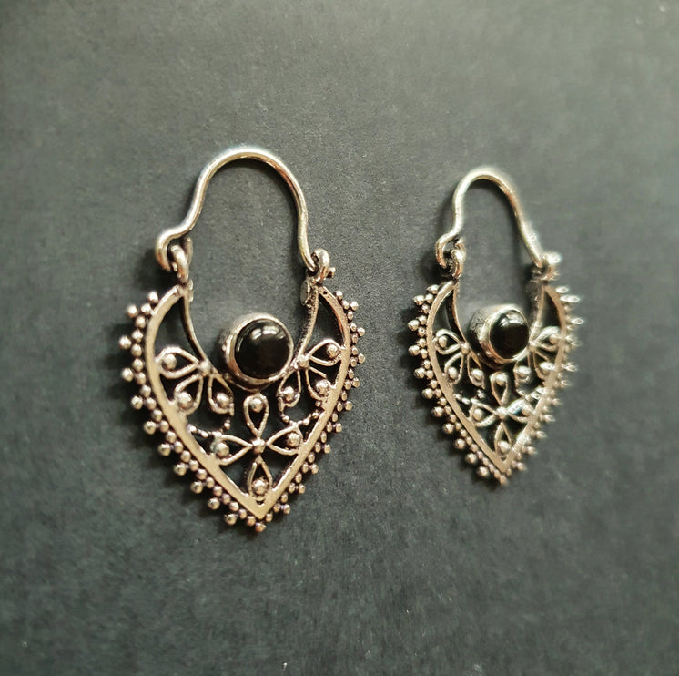 Small Boho Silver Earrings Black Onyx / Triangle / Mandala / Ethnic / Rustic / Yoga / Hippie / Gypsy / Psy / Bohemian / Festival