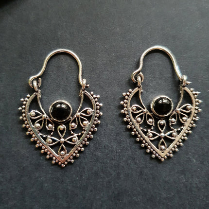 Small Boho Silver Earrings Black Onyx / Triangle / Mandala / Ethnic / Rustic / Yoga / Hippie / Gypsy / Psy / Bohemian / Festival