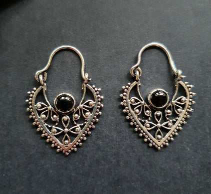 Small Boho Silver Earrings Black Onyx / Triangle / Mandala / Ethnic / Rustic / Yoga / Hippie / Gypsy / Psy / Bohemian / Festival