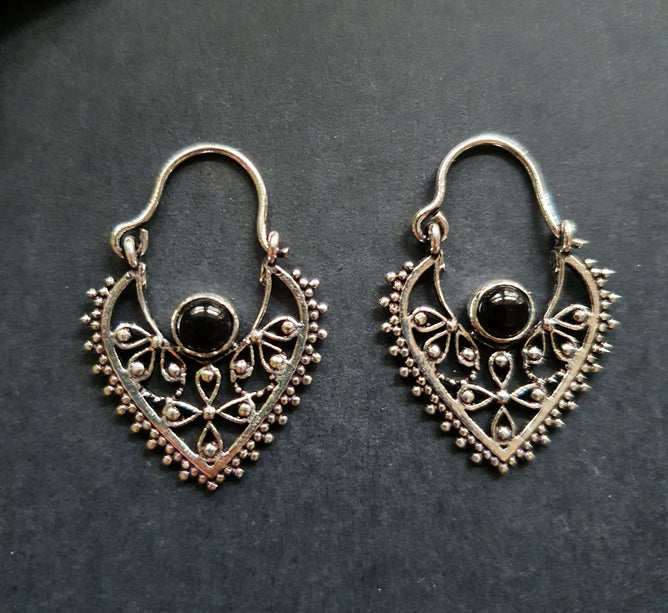 Small Boho Silver Earrings Black Onyx / Triangle / Mandala / Ethnic / Rustic / Yoga / Hippie / Gypsy / Psy / Bohemian / Festival