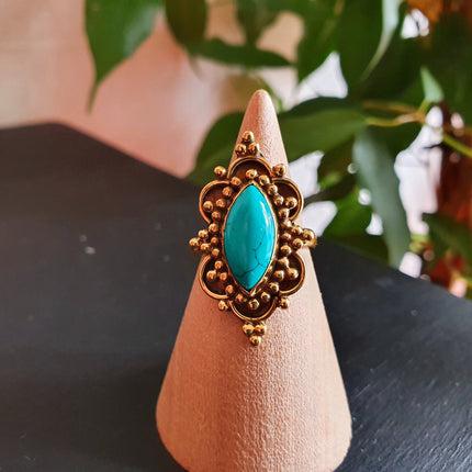 Boho Indian Turquoise Brass Ring / Pretty / Ethnic / Rustic / Festival / Tribal / Blue / Hippie / Gypsy / Psy / Stone / Healing