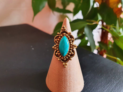 Boho Indian Turquoise Brass Ring / Pretty / Ethnic / Rustic / Festival / Tribal / Blue / Hippie / Gypsy / Psy / Stone / Healing