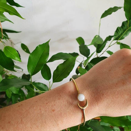 Gold Moon Bracelet / Moonstone / Brass / Bangle / Galaxy / Solar System / Planets / Boho / Adjustable / Hippie / Chic / Sun