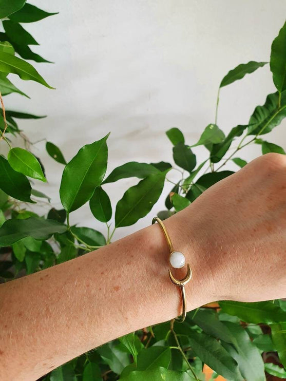 Gold Moon Bracelet / Moonstone / Brass / Bangle / Galaxy / Solar System / Planets / Boho / Adjustable / Hippie / Chic / Sun