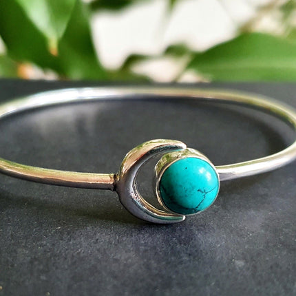 Silver Moon Bracelet / Turquoise / Bangle / Galaxy / Solar System / Planets / Boho / Adjustable / Hippie / Chic / Sun