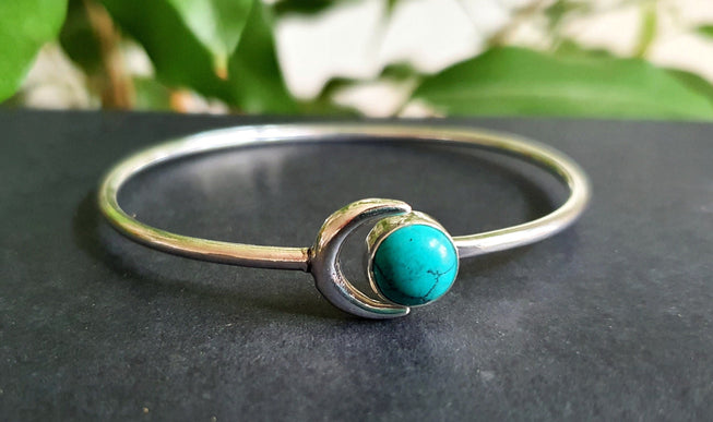 Silver Moon Bracelet / Turquoise / Bangle / Galaxy / Solar System / Planets / Boho / Adjustable / Hippie / Chic / Sun